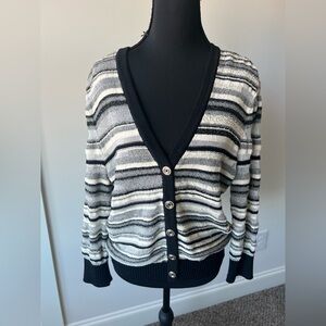 ST JOHN MONOCRHOME METALLIC STRIPED CARDIGAN SWEATER SZ M USA WOOL RAYON